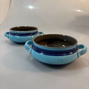 Gabriel Sweden Set of 2 Blue Stoneware Handled Soup Cereal Bowls Mid Century MCM